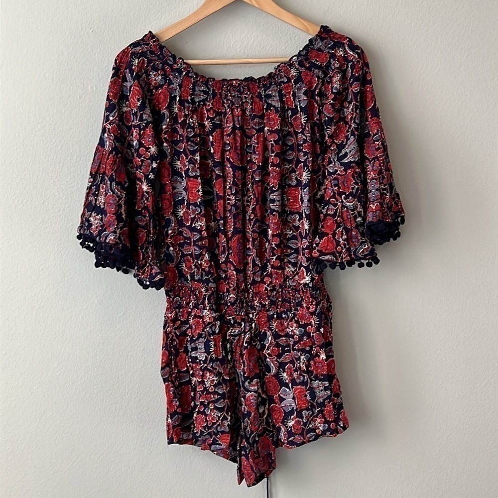 RAGA Anthropologie Pommed Off-the-shoulder Romper in Navy and Red Size Small NWT